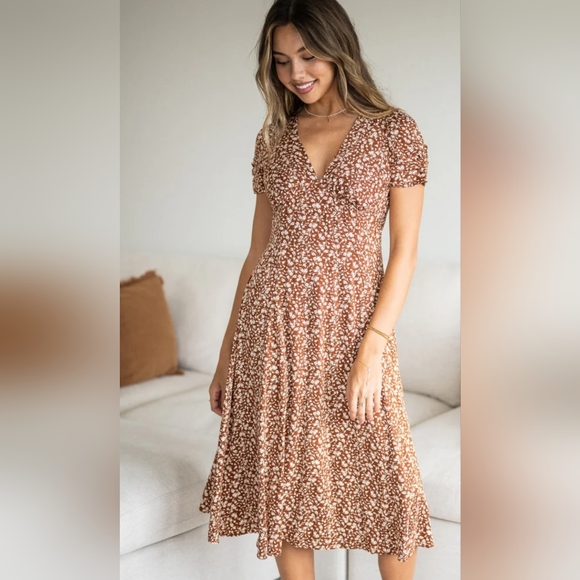 Sozy Dresses & Skirts - Sozy Tencel Gabrielle Rust Orange Multi Floral Midi Dress NWT Small In Package